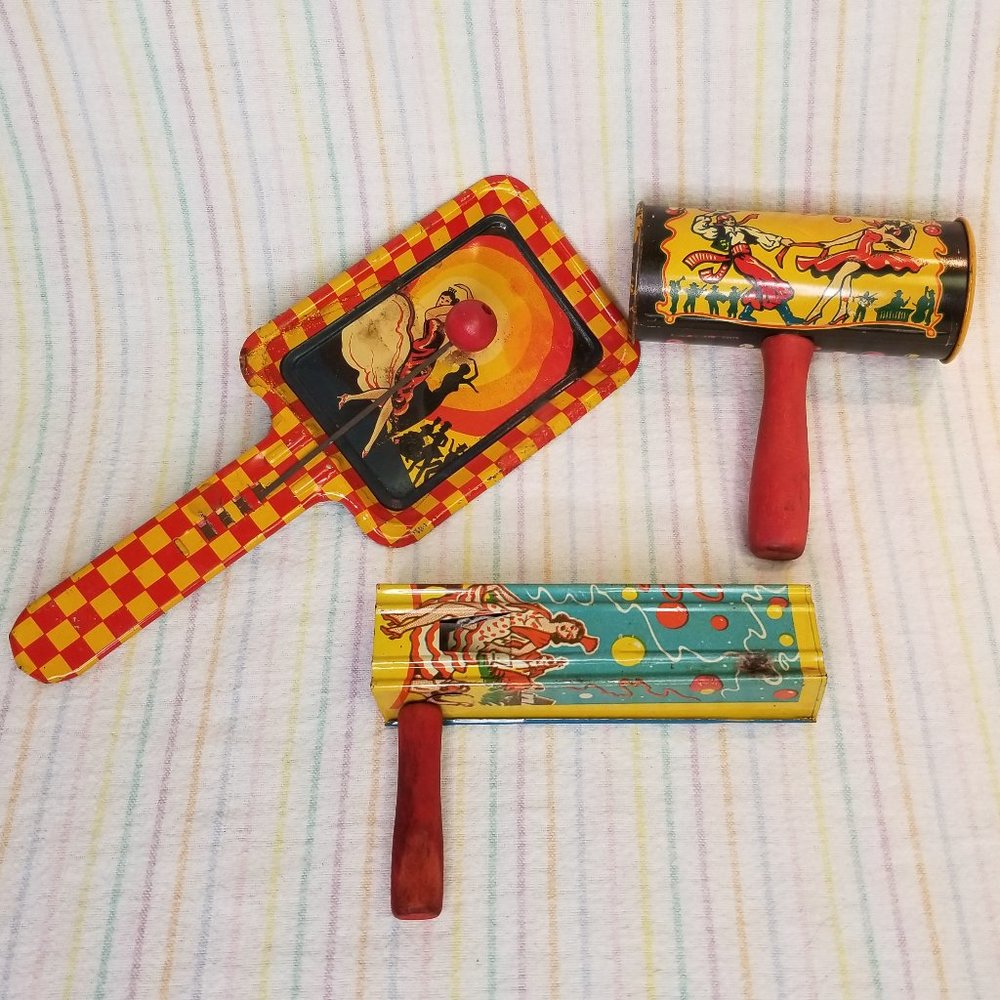 Vintage 1930s Kirchhof Tin Litho Noisemakers Rattle Life of the Party Trio USA